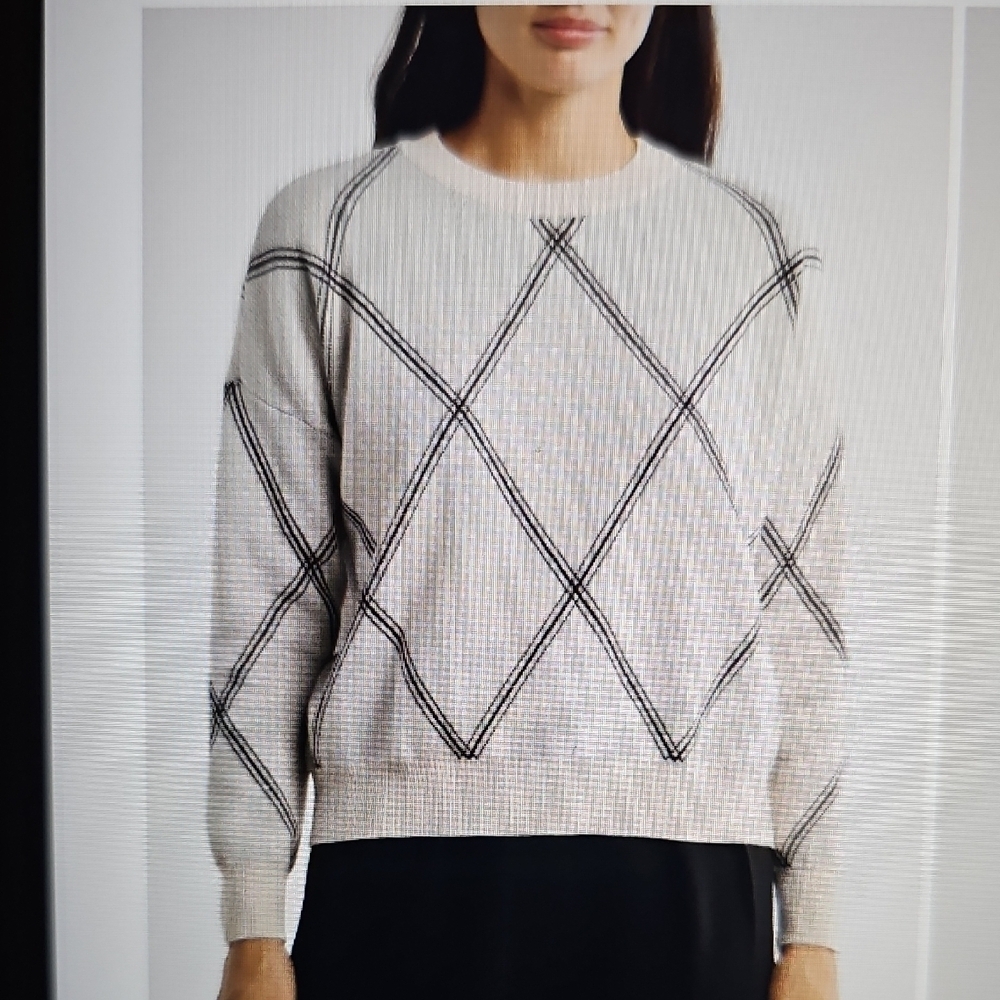 Nwt T Tahari Geometric Crewneck Longsleeve Sweater Alpaca/Black Large